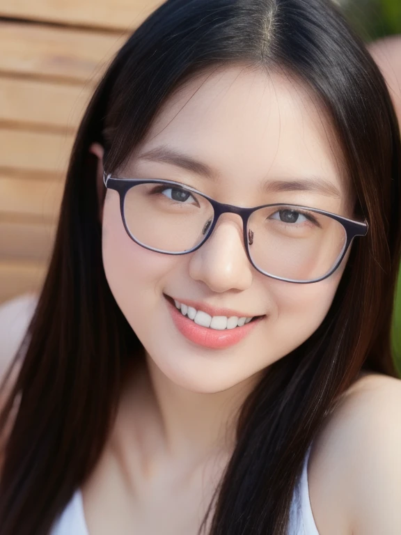 (realistic、masterpiece、Best Quality、8K、highres、high resolution:1.3)、1 glasses girl、Huge breasts、smile, white bikini、pale white skin、looking at viewers、super fine face and eyes、long hair、indoor、 upper body、