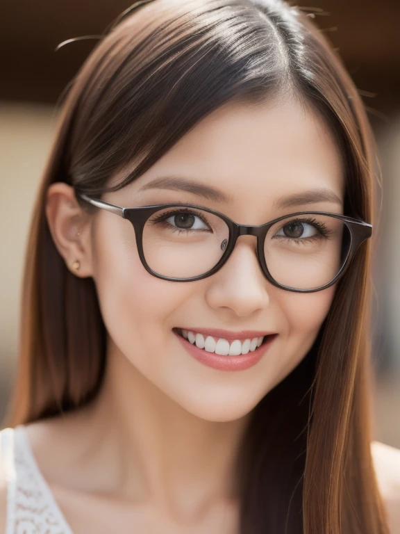 (realistic、masterpiece、Best Quality、8K、highres、high resolution:1.3)、1 glasses girl、Huge breasts、smile, white bikini、pale white skin、looking at viewers、super fine face and eyes、long hair、indoor、 upper body、