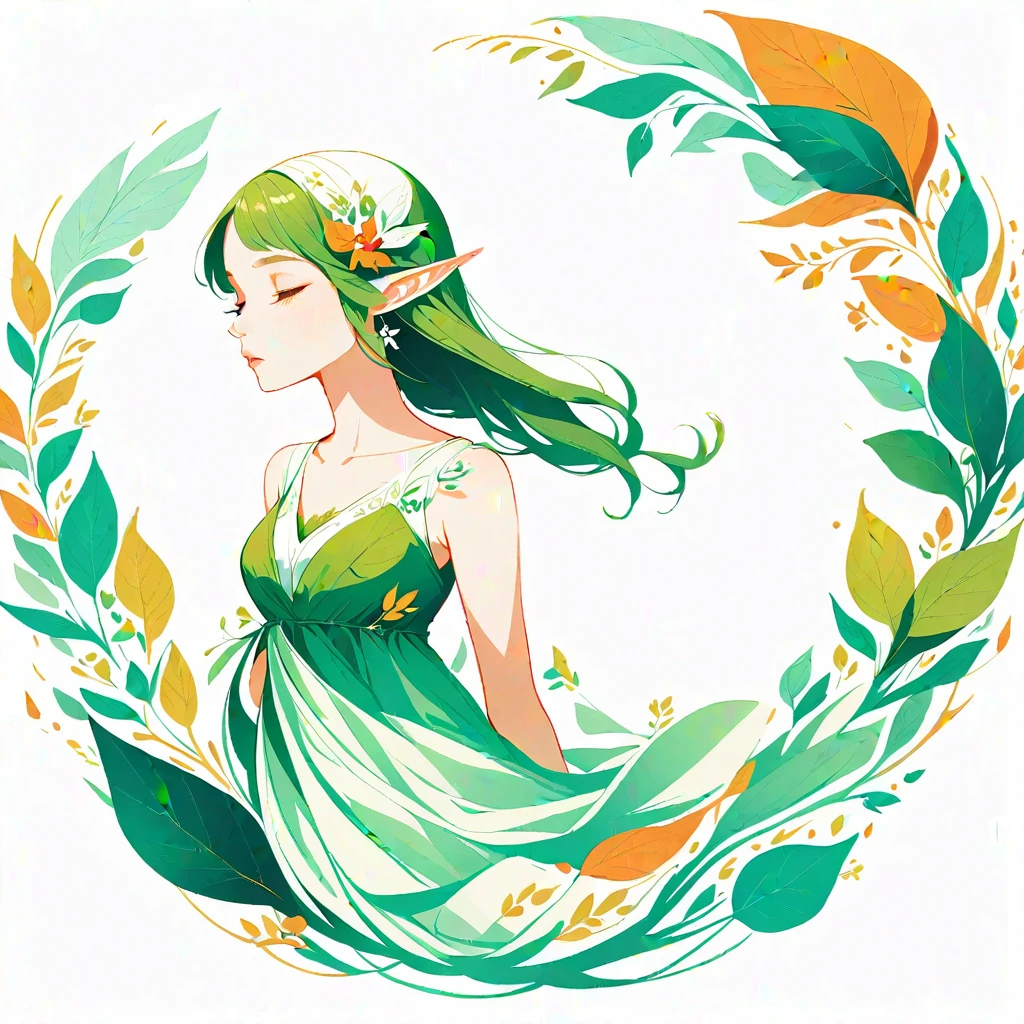 (Long shot), center, Leaf Elf, 1girl, solo, isolated on empty pure white background, extremely delicate and beautiful, flat illustration