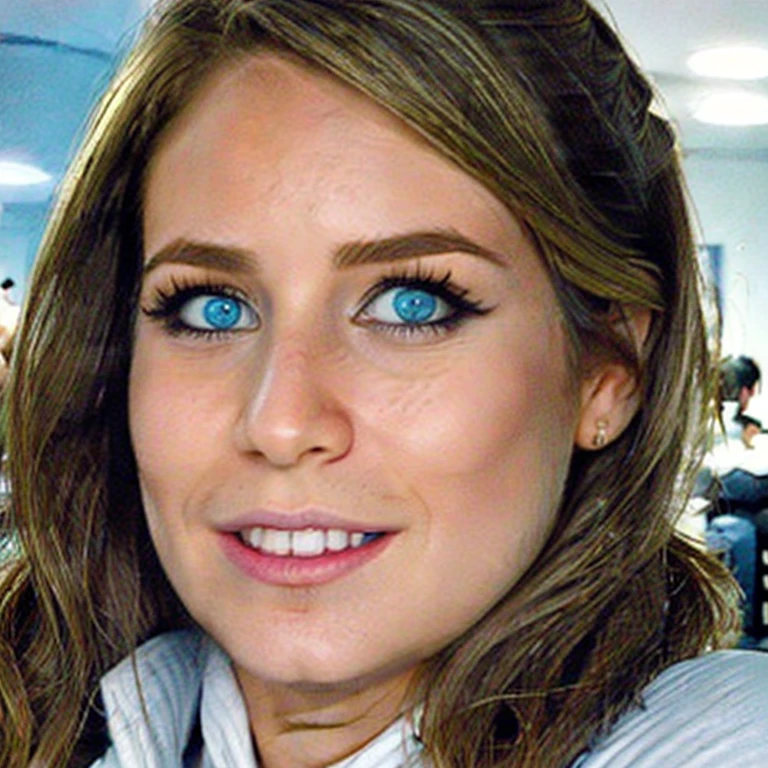 Generate a sophisticated portrait of a young woman in a professional setting. Depict her with blonde, wavy hair, striking blue eyes enhanced with smoky makeup, and a confident gaze. Dress her in a layered ensemble, comprising a white scoop-neck inner top and an elegantly draped blue cowl-neck outer garment. Set the background to a soft, neutral cream color to maintain focus on her poised appearance. Illuminate the scene with soft lighting, casting gentle shadows to highlight her high cheekbones and defined jawline, conveying poise and self-assurance. Please use an aspect ratio of 3:4, LoRa version 6.0, and maintain the style raw. Ensure compatibility for 14 epochs.