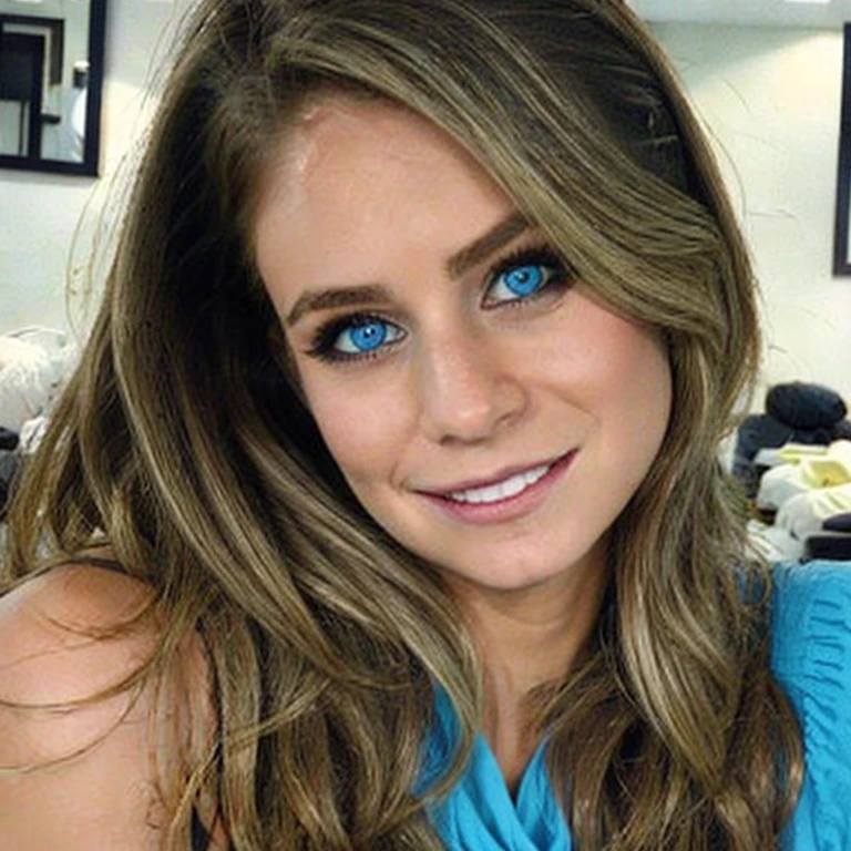Generate a sophisticated portrait of a young woman in a professional setting. Depict her with blonde, wavy hair, striking blue eyes enhanced with smoky makeup, and a confident gaze. Dress her in a layered ensemble, comprising a white scoop-neck inner top and an elegantly draped blue cowl-neck outer garment. Set the background to a soft, neutral cream color to maintain focus on her poised appearance. Illuminate the scene with soft lighting, casting gentle shadows to highlight her high cheekbones and defined jawline, conveying poise and self-assurance. Please use an aspect ratio of 3:4, LoRa version 6.0, and maintain the style raw. Ensure compatibility for 14 epochs.