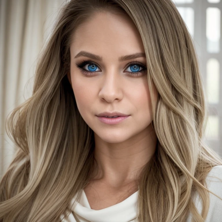 generate a sophisticated portrait of a young woman in a professional setting. looking straight at the camera, Depict her with blonde, wavy hair, striking blue eyes enhanced with smoky makeup, and a confident gaze. Dress her in a layered ensemble, comprising a white scoop-neck inner top and an elegantly draped blue cowl-neck outer garment. Set the background to a soft, neutral cream color to maintain focus on her poised appearance. Illuminate the scene with soft lighting, casting gentle shadows to highlight her high cheekbones and defined jawline, conveying poise and self-assurance. Please use an aspect ratio of 3:4, LoRa version 6.0, and maintain the style raw. Ensure compatibility for 14 epochs