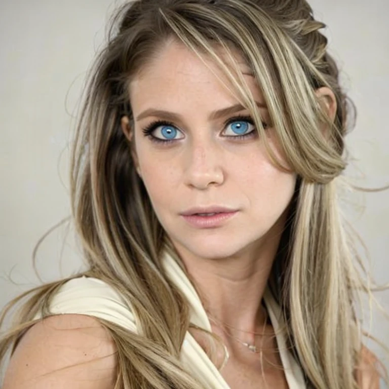 generate a sophisticated portrait of a young woman in a professional setting. looking straight at the camera, Depict her with blonde, wavy hair, striking blue eyes enhanced with smoky makeup, and a confident gaze. Dress her in a layered ensemble, comprising a white scoop-neck inner top and an elegantly draped blue cowl-neck outer garment. Set the background to a soft, neutral cream color to maintain focus on her poised appearance. Illuminate the scene with soft lighting, casting gentle shadows to highlight her high cheekbones and defined jawline, conveying poise and self-assurance. Please use an aspect ratio of 3:4, LoRa version 6.0, and maintain the style raw. Ensure compatibility for 14 epochs