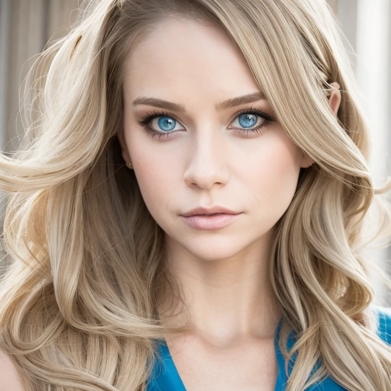 generate a sophisticated portrait of a young woman in a professional setting. looking straight at the camera, Depict her with blonde, wavy hair, striking blue eyes enhanced with smoky makeup, and a confident gaze. Dress her in a layered ensemble, comprising a white scoop-neck inner top and an elegantly draped blue cowl-neck outer garment. Set the background to a soft, neutral cream color to maintain focus on her poised appearance. Illuminate the scene with soft lighting, casting gentle shadows to highlight her high cheekbones and defined jawline, conveying poise and self-assurance. Please use an aspect ratio of 3:4, LoRa version 6.0, and maintain the style raw. Ensure compatibility for 14 epochs