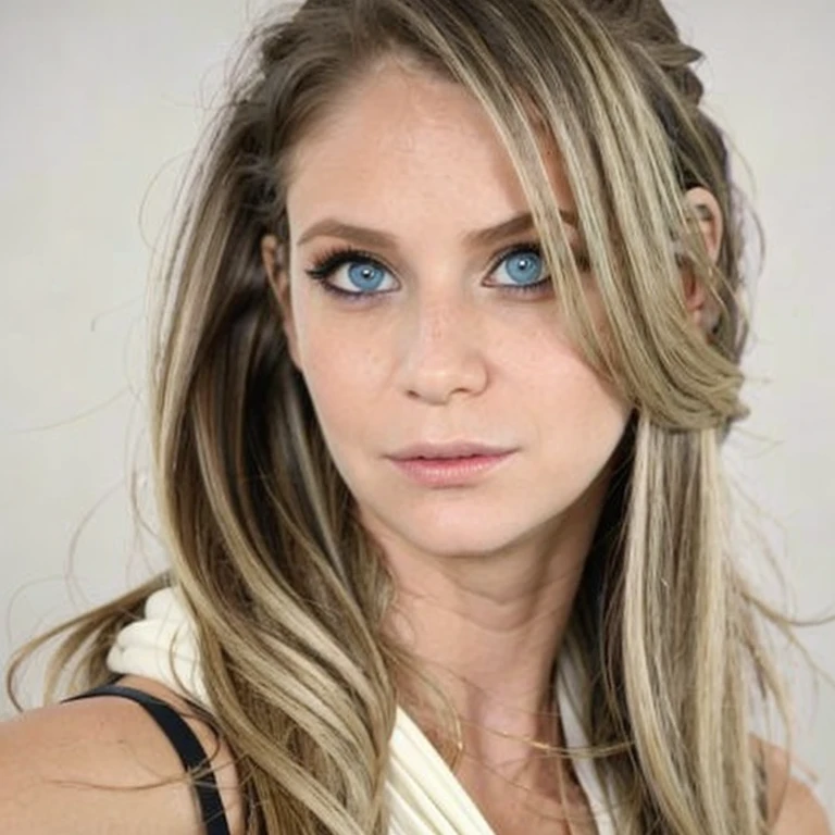 generate a sophisticated portrait of a young woman in a professional setting. looking straight at the camera, Depict her with blonde, wavy hair, striking blue eyes enhanced with smoky makeup, and a confident gaze. Dress her in a layered ensemble, comprising a white scoop-neck inner top and an elegantly draped blue cowl-neck outer garment. Set the background to a soft, neutral cream color to maintain focus on her poised appearance. Illuminate the scene with soft lighting, casting gentle shadows to highlight her high cheekbones and defined jawline, conveying poise and self-assurance. Please use an aspect ratio of 3:4, LoRa version 6.0, and maintain the style raw. Ensure compatibility for 14 epochs