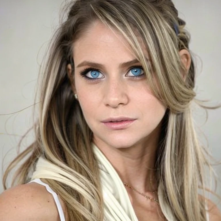 generate a sophisticated portrait of a young woman in a professional setting. looking straight at the camera, Depict her with blonde, wavy hair, striking blue eyes enhanced with smoky makeup, and a confident gaze. Dress her in a layered ensemble, comprising a white scoop-neck inner top and an elegantly draped blue cowl-neck outer garment. Set the background to a soft, neutral cream color to maintain focus on her poised appearance. Illuminate the scene with soft lighting, casting gentle shadows to highlight her high cheekbones and defined jawline, conveying poise and self-assurance. Please use an aspect ratio of 3:4, LoRa version 6.0, and maintain the style raw. Ensure compatibility for 14 epochs