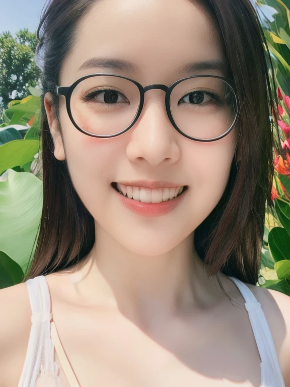 (realistic、masterpiece、Best Quality、8K、highres、high resolution:1.3)、1 glasses girl、smile, Huge breasts、white bikini、pale white skin、looking at viewers、super fine face and eyes、long hair、indoor、 upper body、