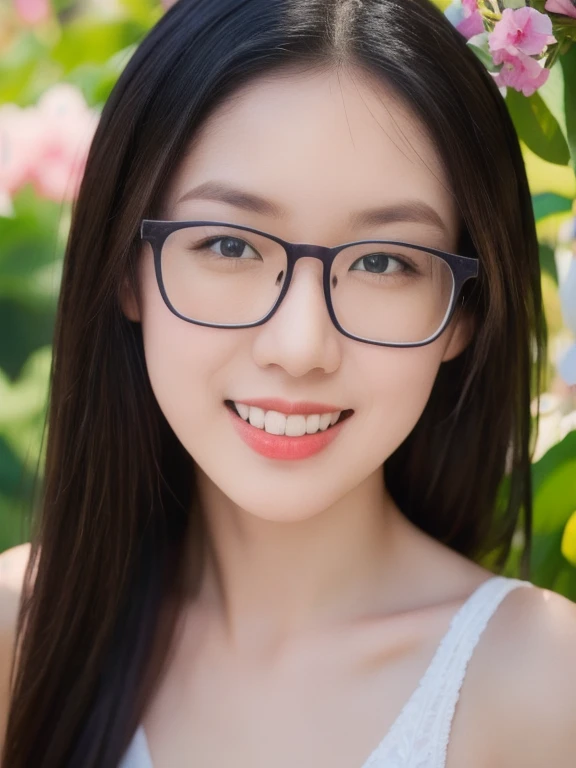 (realistic、masterpiece、Best Quality、8K、highres、high resolution:1.3)、1 glasses girl、smile, Huge breasts、white bikini、pale white skin、looking at viewers、super fine face and eyes、long hair、indoor、 upper body、