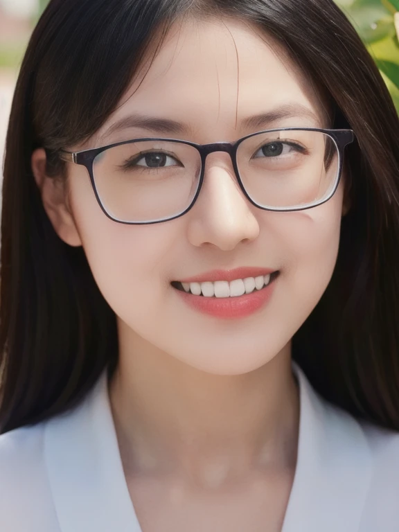 (realistic、masterpiece、Best Quality、8K、highres、high resolution:1.3)、1 glasses girl、smile, Huge breasts、white bikini、pale white skin、looking at viewers、super fine face and eyes、long hair、indoor、 upper body、