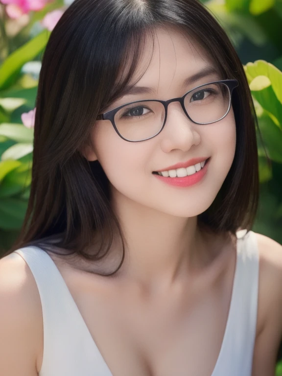 (realistic、masterpiece、Best Quality、8K、highres、high resolution:1.3)、1 glasses girl、smile, Huge breasts、white bikini、pale white skin、looking at viewers、super fine face and eyes、long hair、indoor、 upper body、