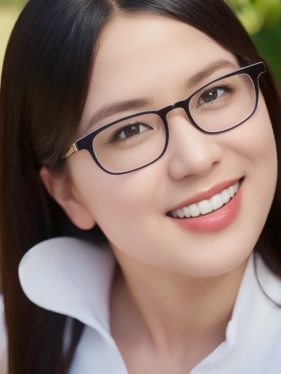 (realistic、masterpiece、Best Quality、8K、highres、high resolution:1.3)、1 glasses girl、smile, Huge breasts、white bikini、pale white skin、looking at viewers、super fine face and eyes、long hair、indoor、 upper body、
