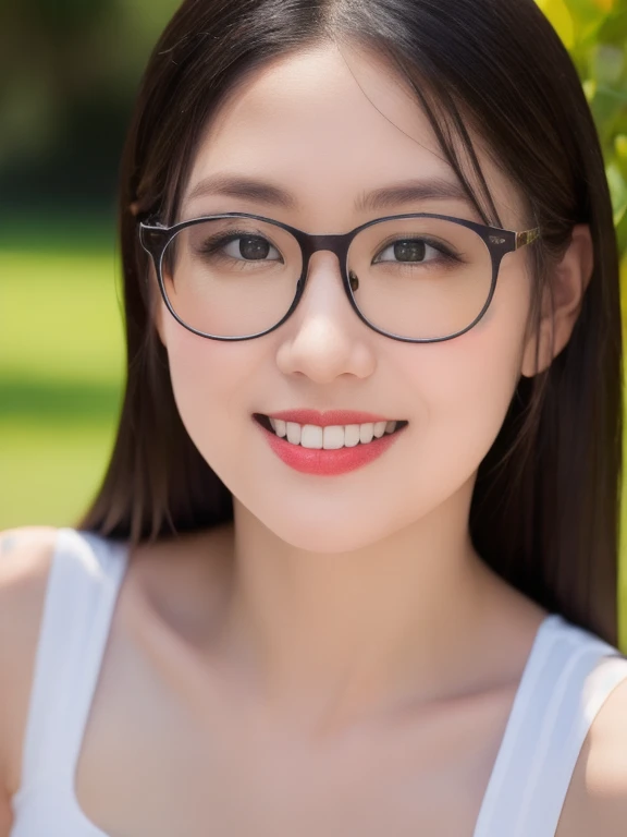 (realistic、masterpiece、Best Quality、8K、highres、high resolution:1.3)、1 glasses girl、smile, Huge breasts、white bikini、pale white skin、looking at viewers、super fine face and eyes、long hair、indoor、 upper body、