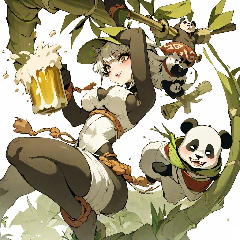 (masterpiece, best quality:1.2), 1girl, solo, pandawa, girl, panda, (black and white fur) beer, bambou, dofus, wakfu, simple background