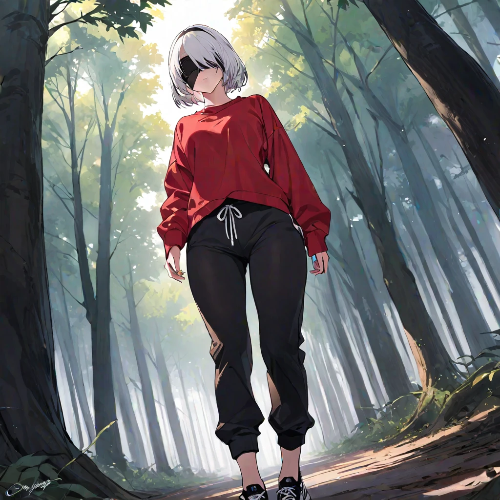 (masterpiece, best quality:1.2), 1girl, 2B, solo, full body, red shirt, sweatpants, from below, spooky forest