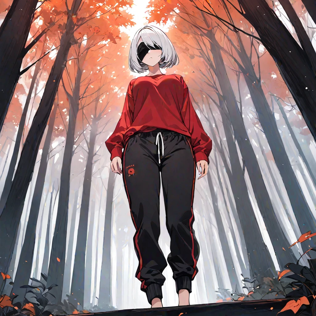 (masterpiece, best quality:1.2), 1girl, 2B, solo, full body, red shirt, sweatpants, from below, spooky forest