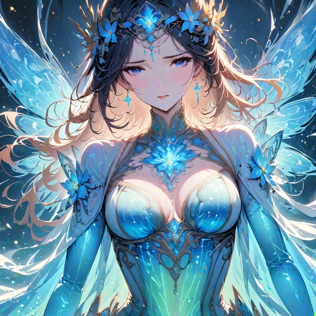 (masterpiece, best quality:1.2),High resolution, masterpiece, high quality, HD, imagine a glass woman, Her delicate figure is like a sculpture-like work of art, Crying in the Starry Sky. The blue night enveloped her, Casting a melancholy light on her ethereal figure. Her glass body glows with bright blue hues, Every line and curve is etched with intricate detail. The glass in her eyes reflects the twinkling stars, Reflecting the infinite depth and emotion of the universe. Her sadness is beyond words, But her beautiful figure is still untarnished, Proof of the extraordinary power of emotion. This 4K glass woman is an exquisite picture of light and shadow, color, and feeling, arrive,body glow,glowing line,fluorescence,Luminous example,Tracking example,flash,萤light particles,backlight,translucent,light particles,correct human anatomy,