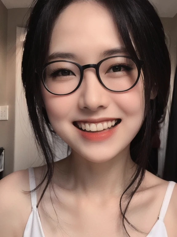 (realistic、masterpiece、Best Quality、8K、highres、high resolution:1.3)、1 glasses girl、Huge breasts、smile, white bikini、pale white skin、looking at viewers、super fine face and eyes、long hair、indoor、 upper body、