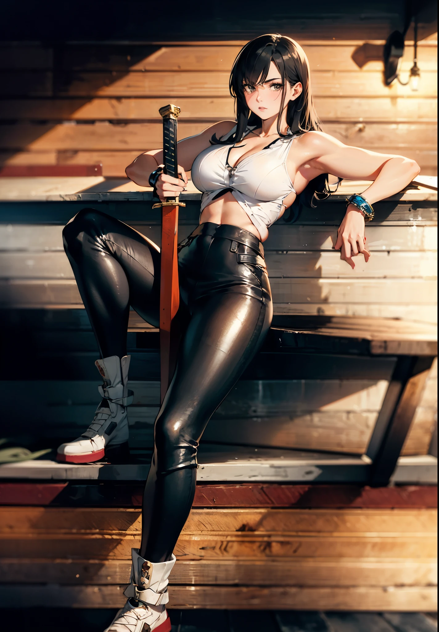 A beautiful woman with long shiny black hair, choppy bangs, a delicate face, a cold proud gaze, a fit figure, a fantasy-style high-necked leather breastplate top, sleeveless, exposes her waist, a bracelet adorns her wrist, tight-fitting leather pants, her right hand holds a longsword with a blue scabbard, she lounges casually sitting, this character embodies a finely crafted fantasy-style bounty hunter in anime style, exquisite and mature manga art style, (Alexandra Daddario:1.2), high definition, best quality, highres, ultra-detailed, ultra-fine painting, extremely delicate, professional, anatomically correct, symmetrical face, extremely detailed eyes and face, high quality eyes, creativity, RAW photo, UHD, 32k, Natural light, cinematic lighting, masterpiece-anatomy-perfect, masterpiece:1.5