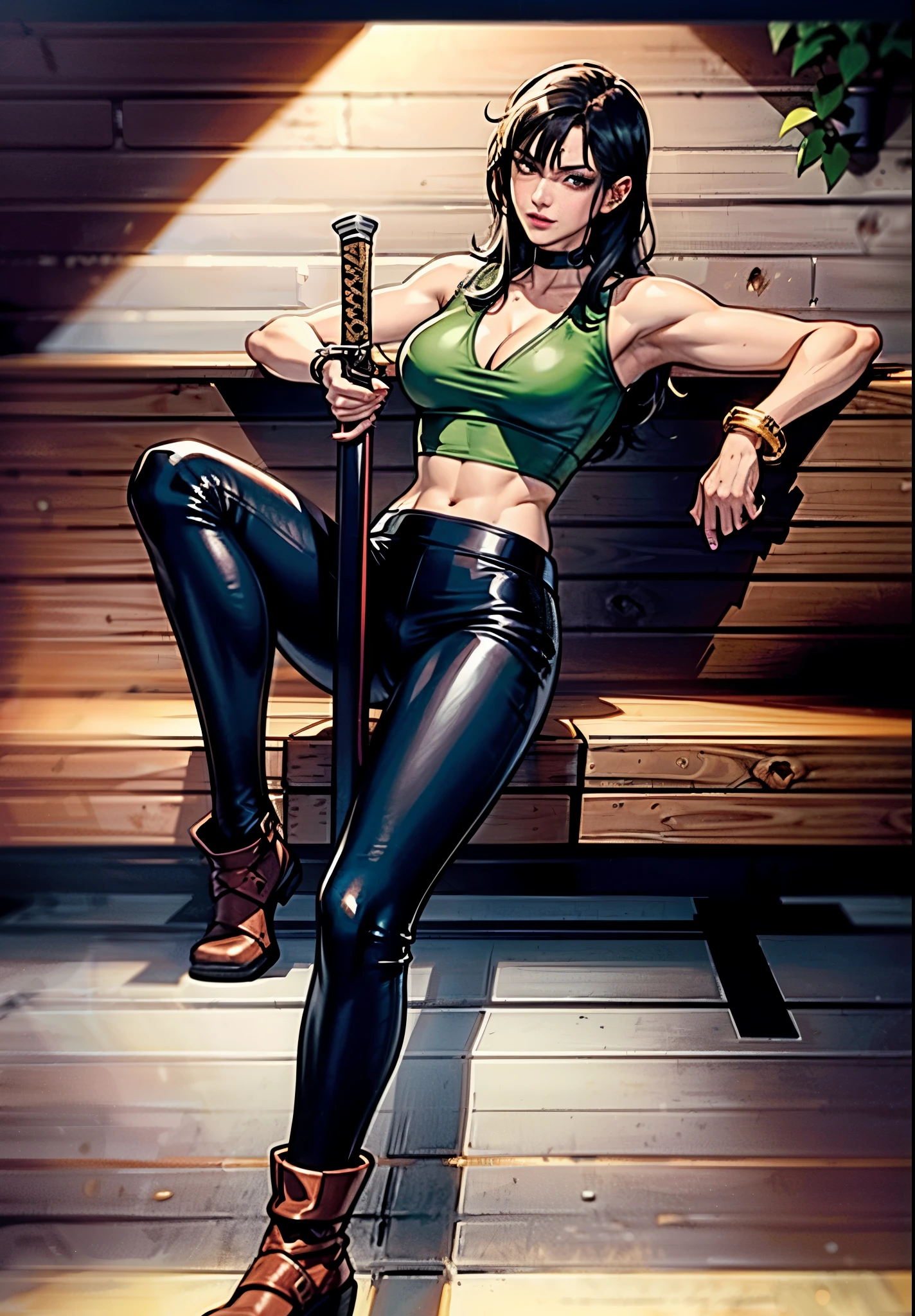 A beautiful woman with long shiny black hair, choppy bangs, a delicate face, a cold proud gaze, a fit figure, a fantasy-style high-necked leather breastplate top, sleeveless, exposes her waist, a bracelet adorns her wrist, tight-fitting leather pants, her right hand holds a longsword with a blue scabbard, she lounges casually sitting, this character embodies a finely crafted fantasy-style bounty hunter in anime style, exquisite and mature manga art style, (Alexandra Daddario:1.2), high definition, best quality, highres, ultra-detailed, ultra-fine painting, extremely delicate, professional, anatomically correct, symmetrical face, extremely detailed eyes and face, high quality eyes, creativity, RAW photo, UHD, 32k, Natural light, cinematic lighting, masterpiece-anatomy-perfect, masterpiece:1.5