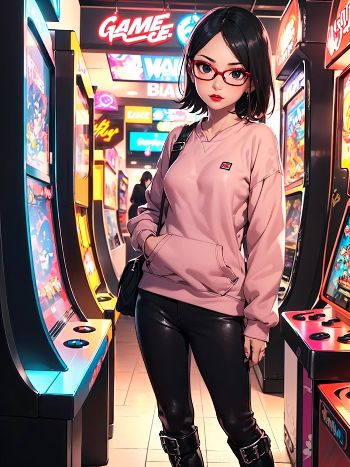 (1girl, solo, alone), (WakatsukiRisa, Sarada Uchiha, black hair, short hair, black eyes, red glasses), ((solo, (1woman, pink lipstick, (small breasts), black eyes), Extremely detailed, ambient soft lighting, 4k, perfect eyes, a perfect face, perfect lighting, a 1girl)), austere, ((red sweatshirt, sweatshirt with black details, Black pant, high boots, boots, boots with buckles, game store, arcade, video games, gaming house))