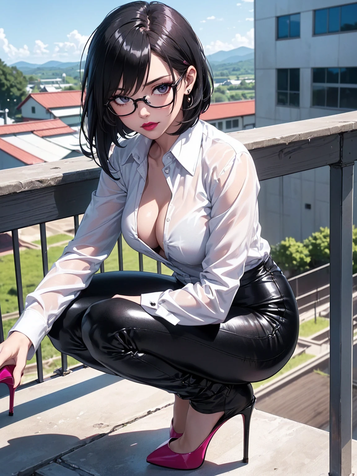 (1girl, solo, alone), (WakatsukiRisa, Sarada Uchiha, black hair, short hair, black eyes, red glasses), ((solo, (1woman, pink lipstick, (small breasts), black eyes), Extremely detailed, ambient soft lighting, 4k, perfect eyes, a perfect face, perfect lighting, a 1girl)), austere, ((black leather pants, (high heels, ((dress shirt, white shirt, long sleeve blouse))), black leggings, leather pants, black pants, ((stiletto high heels, (peep toes), black high heels with red soles, high heels)), tight clothes, shiny leather, leather, leathery, farm, balcony, sitting on a balcony, on a balcony, looking to the left, side perspective, admiring the landscape, farm background, pond))