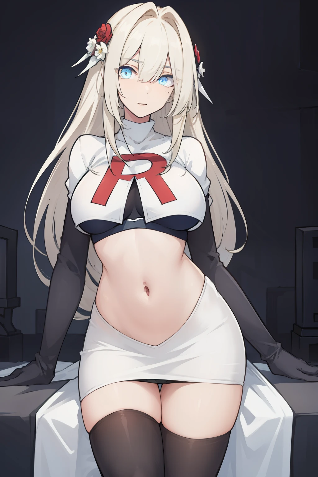 masterpiece, biancapgr_snpe, eyebrows visible through hair, hair ornament, mole under eye, (blue eyes:1.1), solo, team rocket, team rocket uniform, white skirt, red letter R, crop top, black thigh-highs, black elbow gloves, BREAK cowboy shot, looking at viewer, BREAK (masterpiece:1.2), best quality, high resolution, unity 8k wallpaper, (illustration:0.8), (beautiful detailed eyes:1.6), extremely detailed face, perfect lighting, extremely detailed CG, (perfect hands, perfect anatomy), sexy pose,
