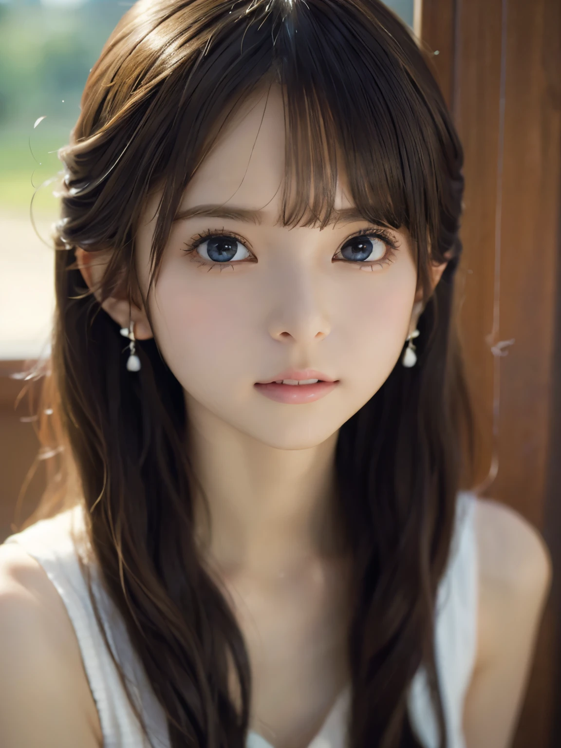 grassland、(You can see both sides:1.6)、（from the chest up:1.6)、laughter、Close-up portrait of a girl wearing white sleeveless top dress and earrings, soft portrait shot 8k, nice delicate face, High quality 4K portraits, high quality portrait, soft and perfect white skin, 8K highly detailed face, beautiful and delicate face, beautiful light big eyes, beautiful and realistic face, with a beautiful girl, beautiful and realistic face, cute girl