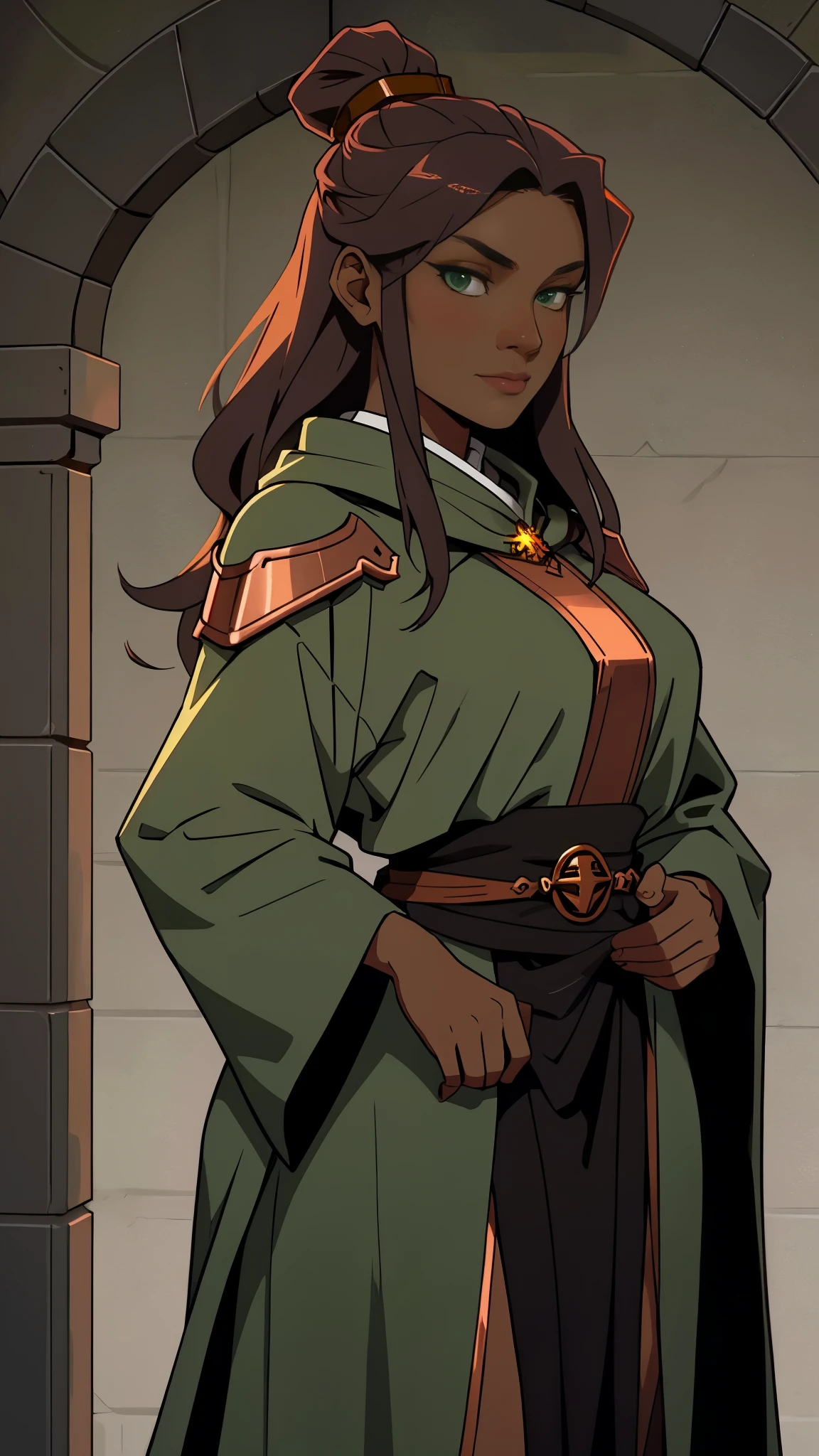 Human female, simple gray robe, left hand held up, green eyes, dark gray skin, long copper hair, dungeons and dragons, bust (1.0)