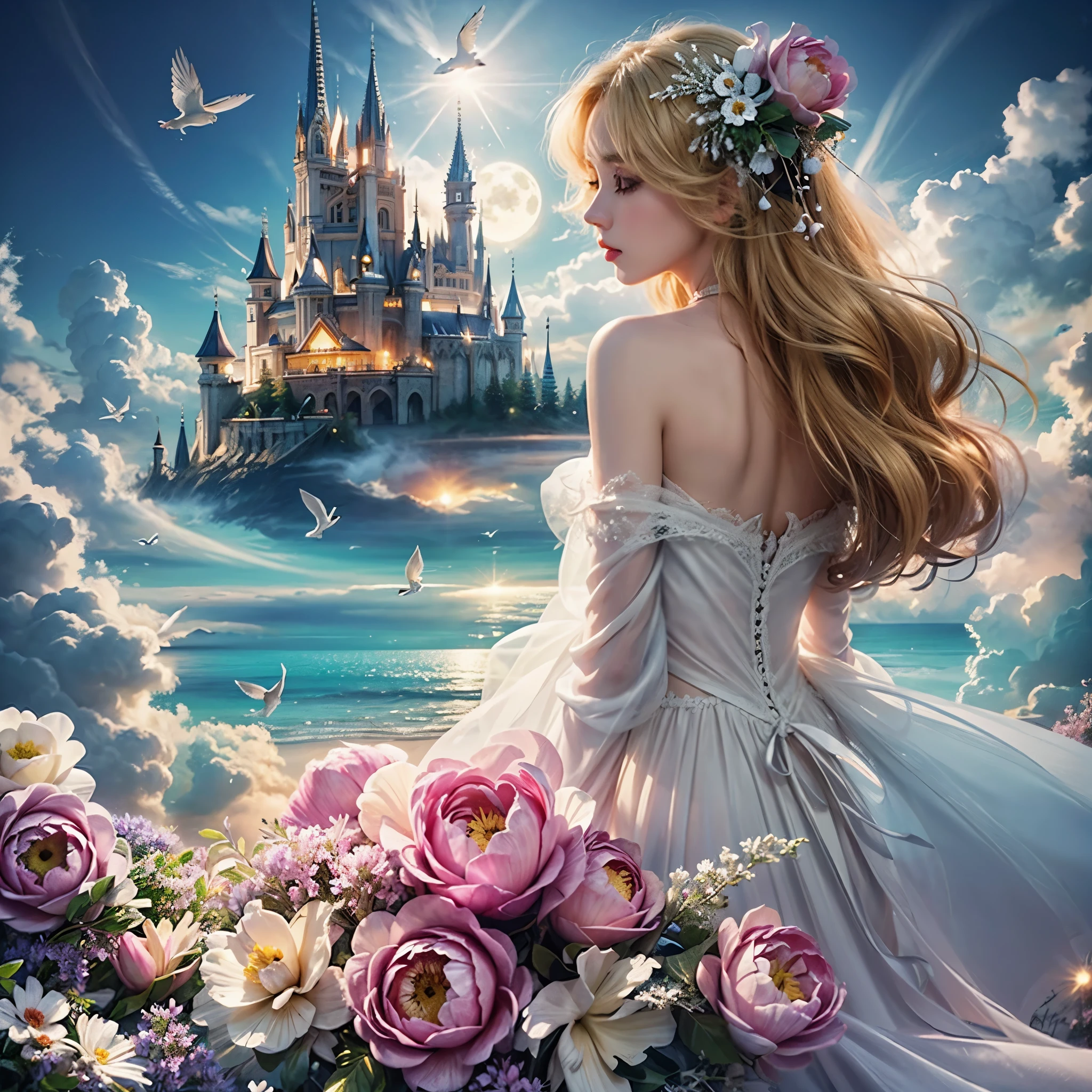 (Need,tmasterpiece),1girl,pose,Particle,ventania,florals,The upper part of the body,simplebackground,looking at viewert,Focus on the face,blond hairbl,Back,Turning Head,Correct ???????,Detailed face, Detailed eyes,Castle, Flowers, delicate scene, sky, White clouds, and sunlight shine on the snow-white beach. Birds, Pink flowers and bright large shells, diamond crystal, On the beach, fantasy, Night sky, Moon, Smoke, Fire, Photo, HD, 8K, hyper HD, Super detail, High quality, A02,,,