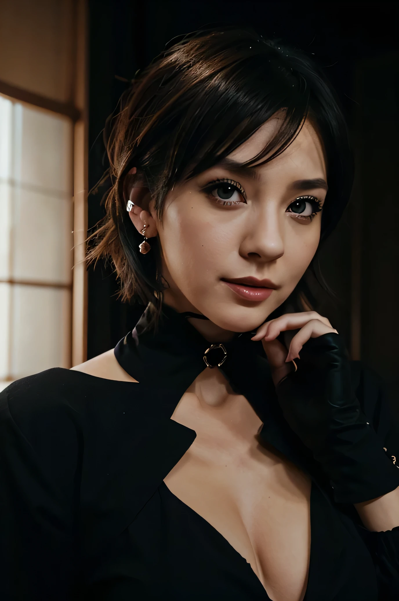 1 woman, japanese cartoon movies_coloring, Black color_eye, Black color_Gloves, brown_hair, choker, earring, Gloves, bijouterie, letterboxed, parody, short_hair, laugh, alone, style_parody,
