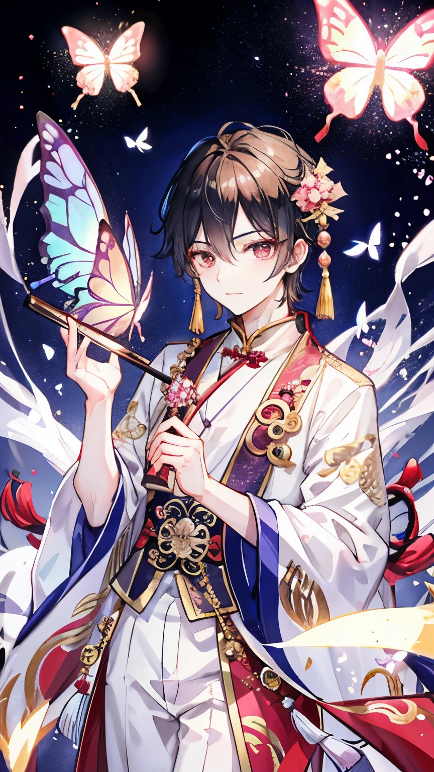 Chinese male,Luxury costume like a Taoist,Chinese style,Fantastic atmosphere like a myth,A butterfly that shines like a crystal,
