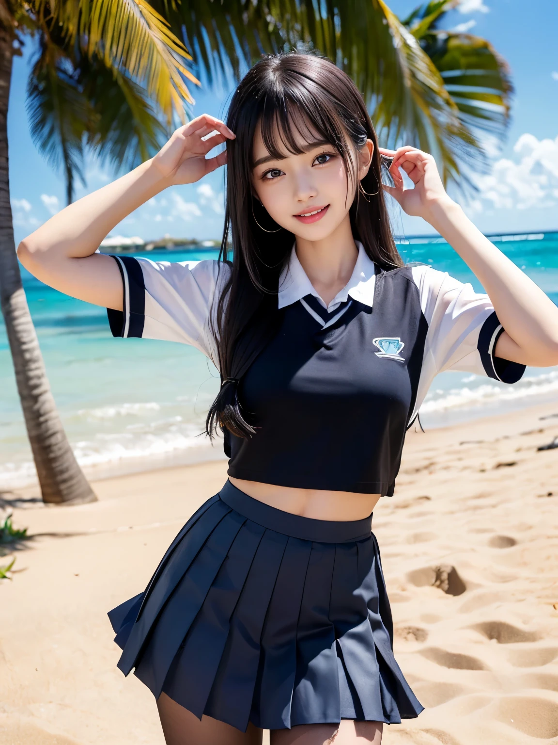 (((A beautiful girl with a golden ratio face posing cutely on a tropical sandy beach in her school uniform)))、(((wet 、super long hair、Wet hair、pleated skirt、Black pantyhose)))、smile、( absurdly,high quality , Super detailed)、(See photographer )、summer sunshine、crowd