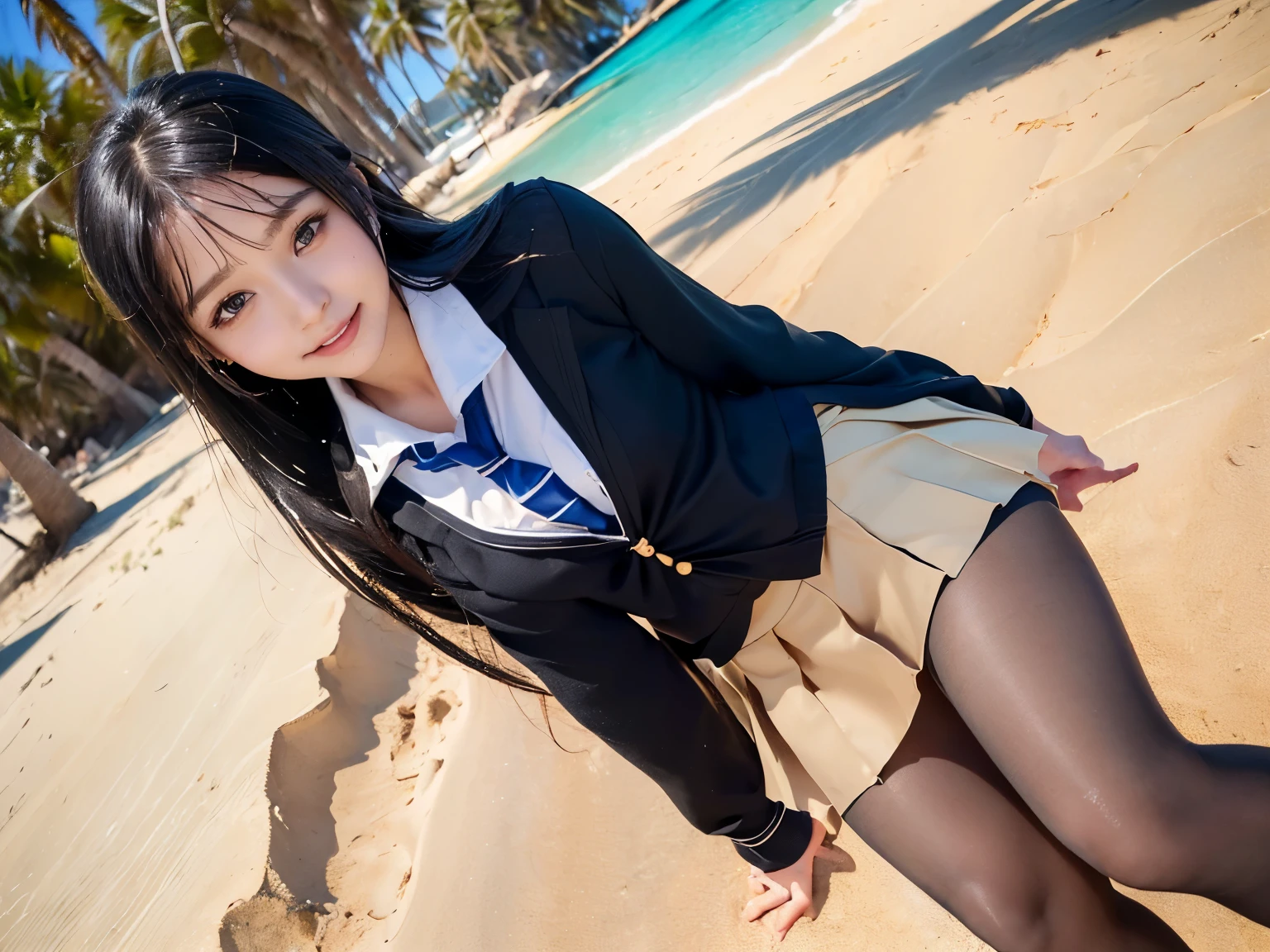 (((A beautiful girl with a golden ratio face poses cutely on a sandy beach with palm trees in her wet school uniform.)))、(((wet 、super long hair、Wet hair、pleated skirt、Black pantyhose)))、smile、( absurdly,high quality , Super detailed)、(See photographer )、(sunset)
