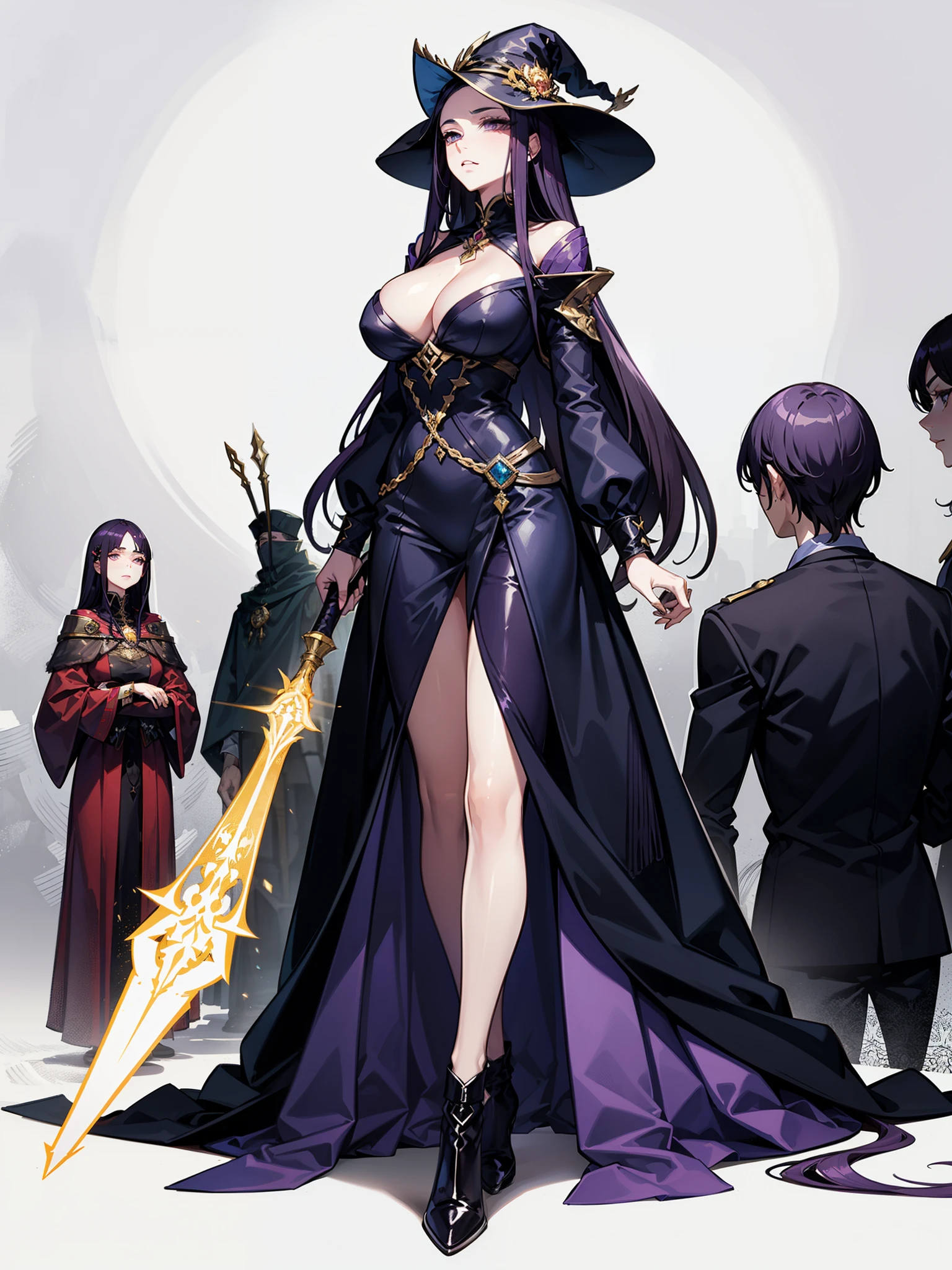 Sorceress woman with extremely long bright purple hair wearing a large and long black dress Giant sorceress hat looks serious arrogant woman in her 30s high quality masterpiece supreme sorceress unknown technology holding a supreme staff tall woman 