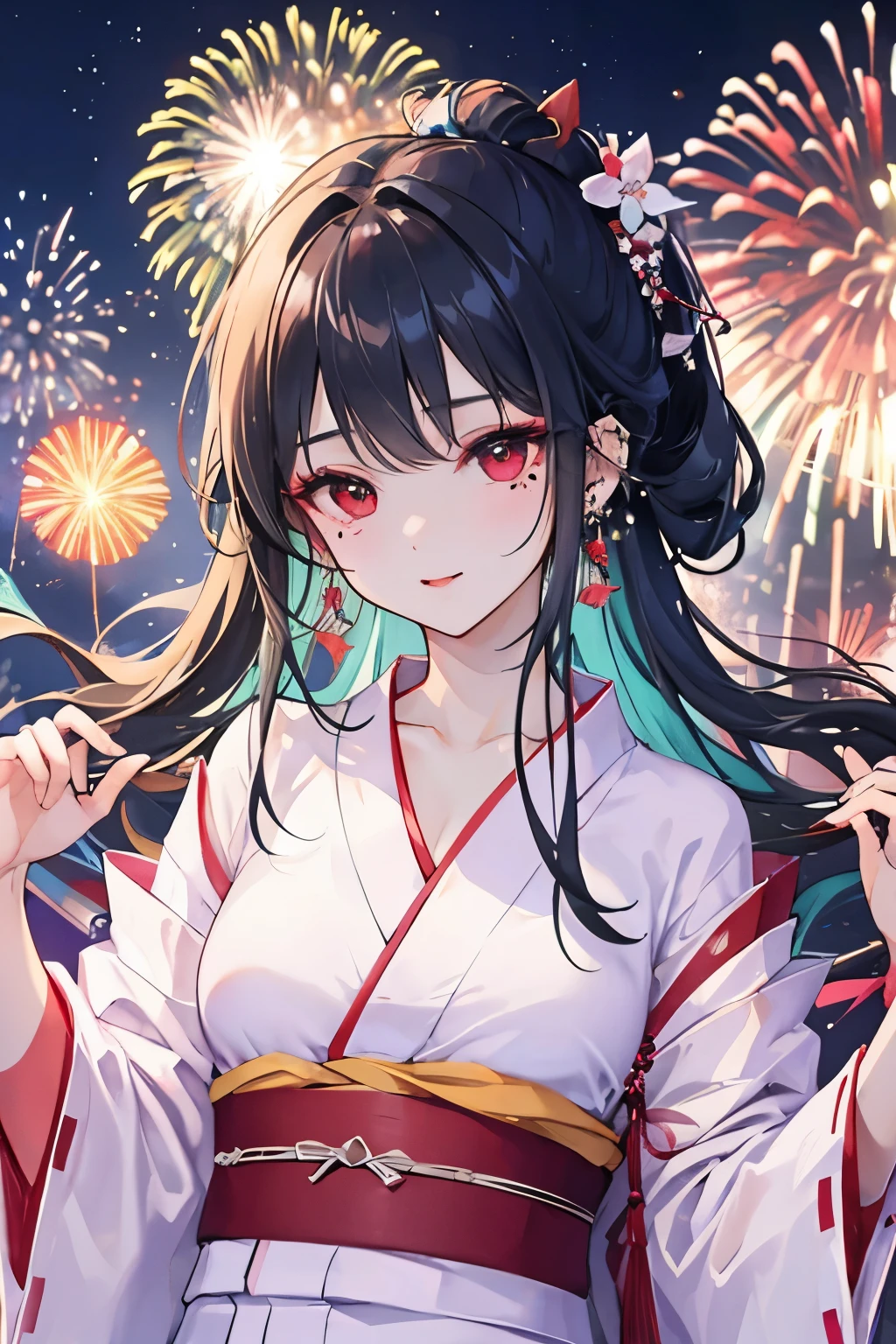 Summer festival、yukata、fireworks、night view、beautiful、girl、cute、3✕3の目、
red eyes、black hair、More piercings、natural makeup、mole under eye