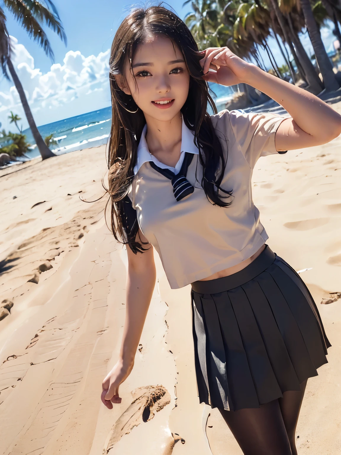 (((A beautiful girl with a golden ratio face poses cutely on a sandy beach with palm trees in her wet school uniform.)))、(((wet 、super long hair、Wet hair、pleated skirt、Black pantyhose)))、smile、( absurdly,high quality , Super detailed)、(See photographer )、summer sunshine