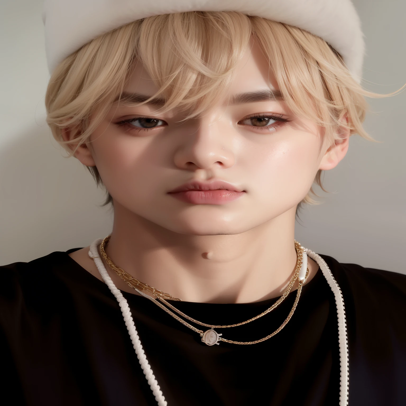 un primer plano de una persona que lleva un collar y un collar, Cai Xu Kun, kpop idol portrait, hyung tae, Jimin, kim taejin, Jimin\los labios carnosos, inspirado en jeonseok lee, kim doyoung, pale korean adorable face, yanjun chengt, jungkook, park Jimin, retrato de jossi de blackpink, taehyung comiendo papas fritas gucci
