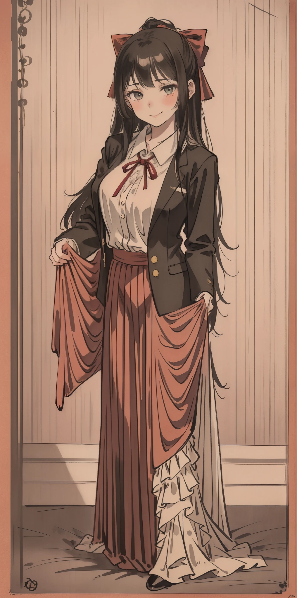 ((masterpiece)) best quality, anime coloring, 8kwallpaper, wallpaper, very detailed, highly detailed, 1 girl, long hair, big anime eyes, tall, white, black blazer, red hair ribbon, looking at viewer, slight blush, lustful smirking smile face red blushed red cheeks, smile, standing, black skirt, bedroom background, bed, sheets, pillow