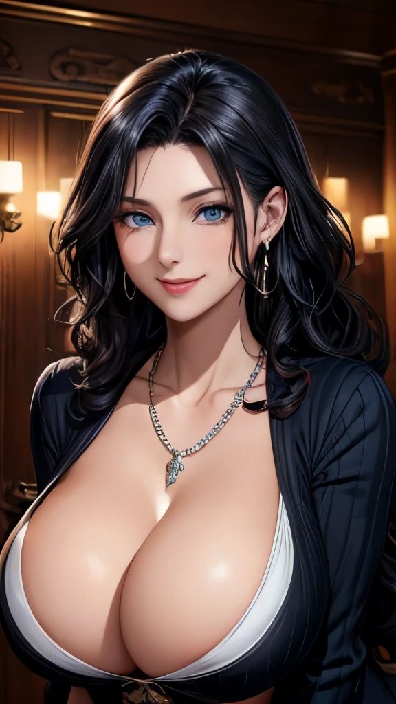 woman((30 years old)), hair((black, wavy)), blue eyes,cute eyes、Crowsex Maradores, long sleeve), accessories ((necklace, earrings)), huge breasts, Classic bedroom, pirate ship, smile,(saggy breasts)