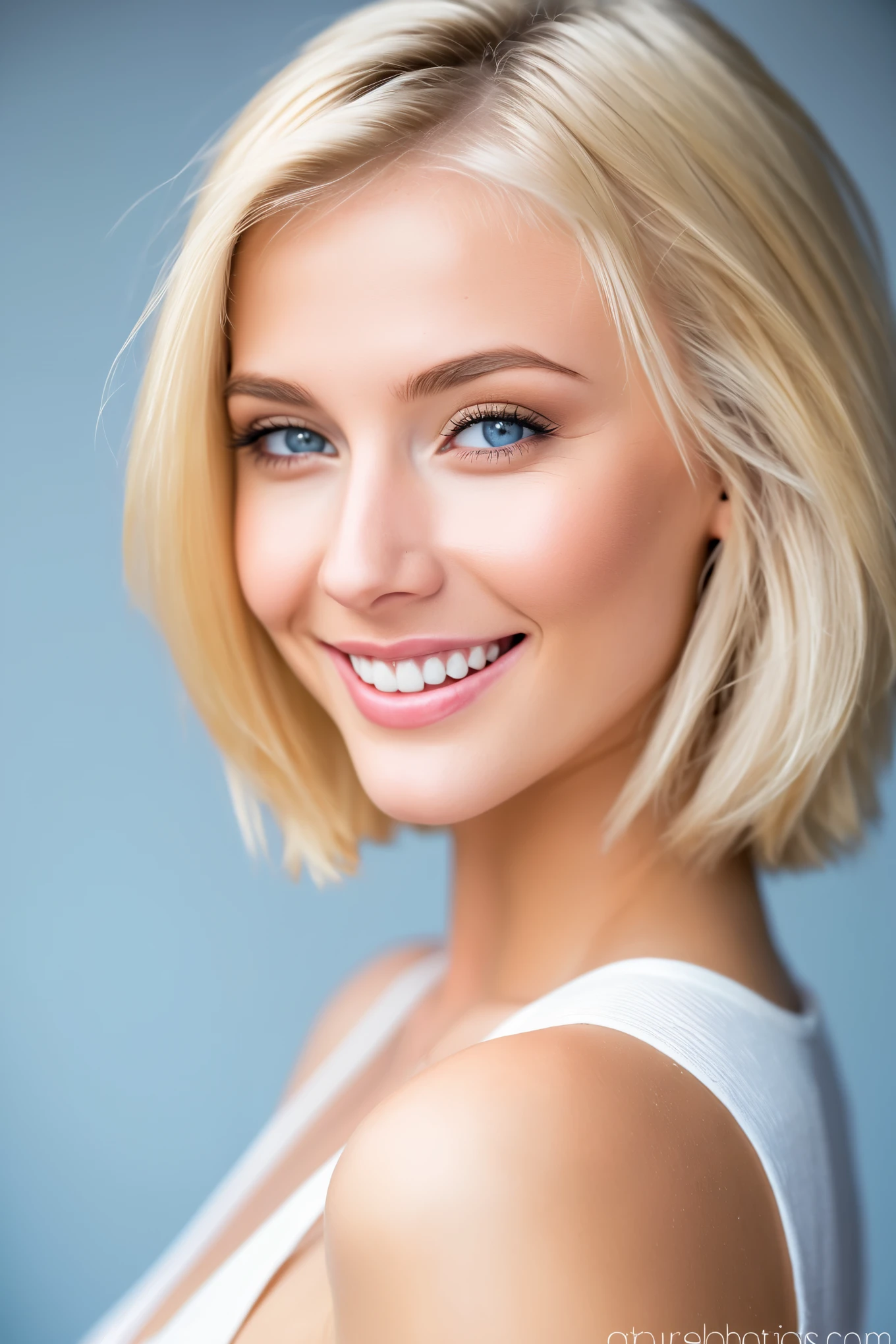 blonde woman with blue eyes and a white top smiling, blonde and attractive features, blonde short hair, cute seductive smile, beautiful blonde woman, beautiful female model, stunning closeupheadshot, beautiful and smiling, short blonde hair, beautiful blonde girl, young blonde woman, acting headshot, cute young woman, blonde beautiful young woman, short blond hair, attractive young woman