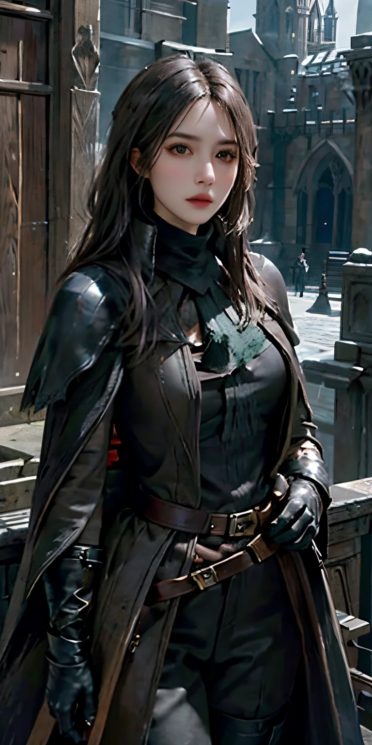 realistic, High resolution, soft light,1 female, alone, hip up, look at the audience, (detailed face), bangs, Edge BB, black gloves, belt, coat, torn clothes, capelet, gauntlet, cuff, black capelet, hunter (bloodborne), woman wearing Edge BB_clothing, outdoor, gothic architecture, jewelry