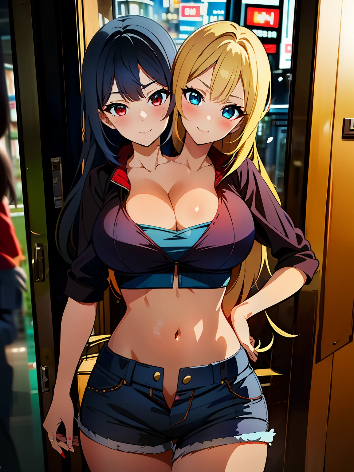 (masterpiece),(ultra-detailed), (high quality), (high resolution), (best quality:1.5, highres, UHD), highres, absurdo, ultra detail, ultra quality, ((2heads:1.5)), 1girl, ((black hair)), ((long blonde hair)), (red eyes:1.5), (blue eyes:1.5), (different eye color), thighs, seductive smile, seductive expression, seductive woman, blushing, beautiful girl, Ultra resolution, 16k, detailed face, ((slim hips)), sassy, flirty, mature woman, sexy beautiful woman, (cleavage), (exposed midriff), crop top, shorts