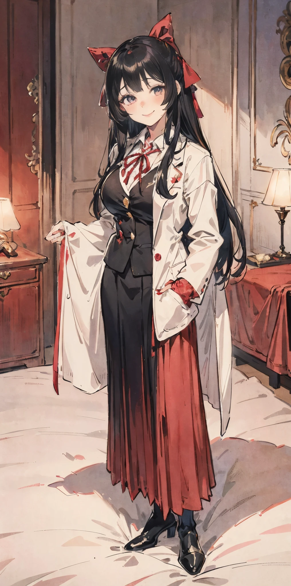 ((masterpiece)) best quality, anime coloring, 8kwallpaper, wallpaper, very detailed, highly detailed, 1 girl, long hair, big anime eyes, tall, white, black blazer, red hair ribbon, looking at viewer, slight blush, lustful smirking smile face red blushed red cheeks, smile, standing, black skirt, bedroom background, bed, sheets, pillow