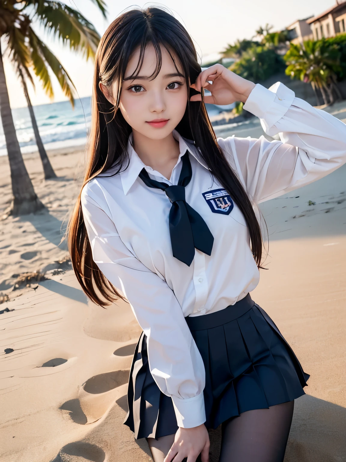 (((A beautiful girl with a golden ratio face poses cutely on a sandy beach with palm trees in her wet school uniform.)))、(((wet 、super long hair、Wet hair、pleated skirt、Black pantyhose)))、smile、( absurdly,high quality , Super detailed)、(See photographer )、(sunset)