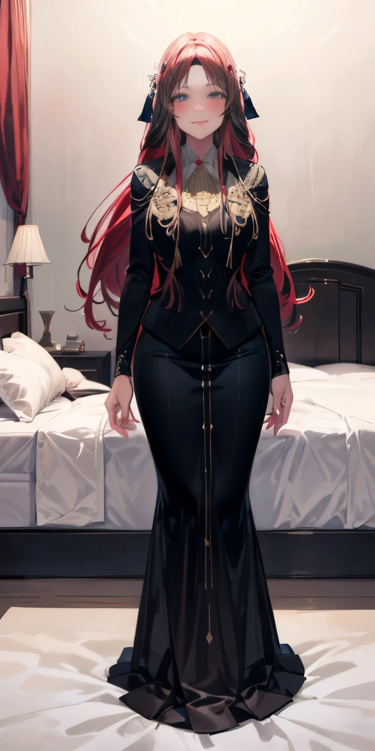 ((masterpiece)) best quality, anime coloring, 8kwallpaper, wallpaper, very detailed, highly detailed, 1 girl, long hair, big anime eyes, tall, white, black blazer, red hair ribbon, looking at viewer, slight blush, lustful smirking smile face red blushed red cheeks, smile, standing, black skirt, bedroom background, bed, sheets, pillow