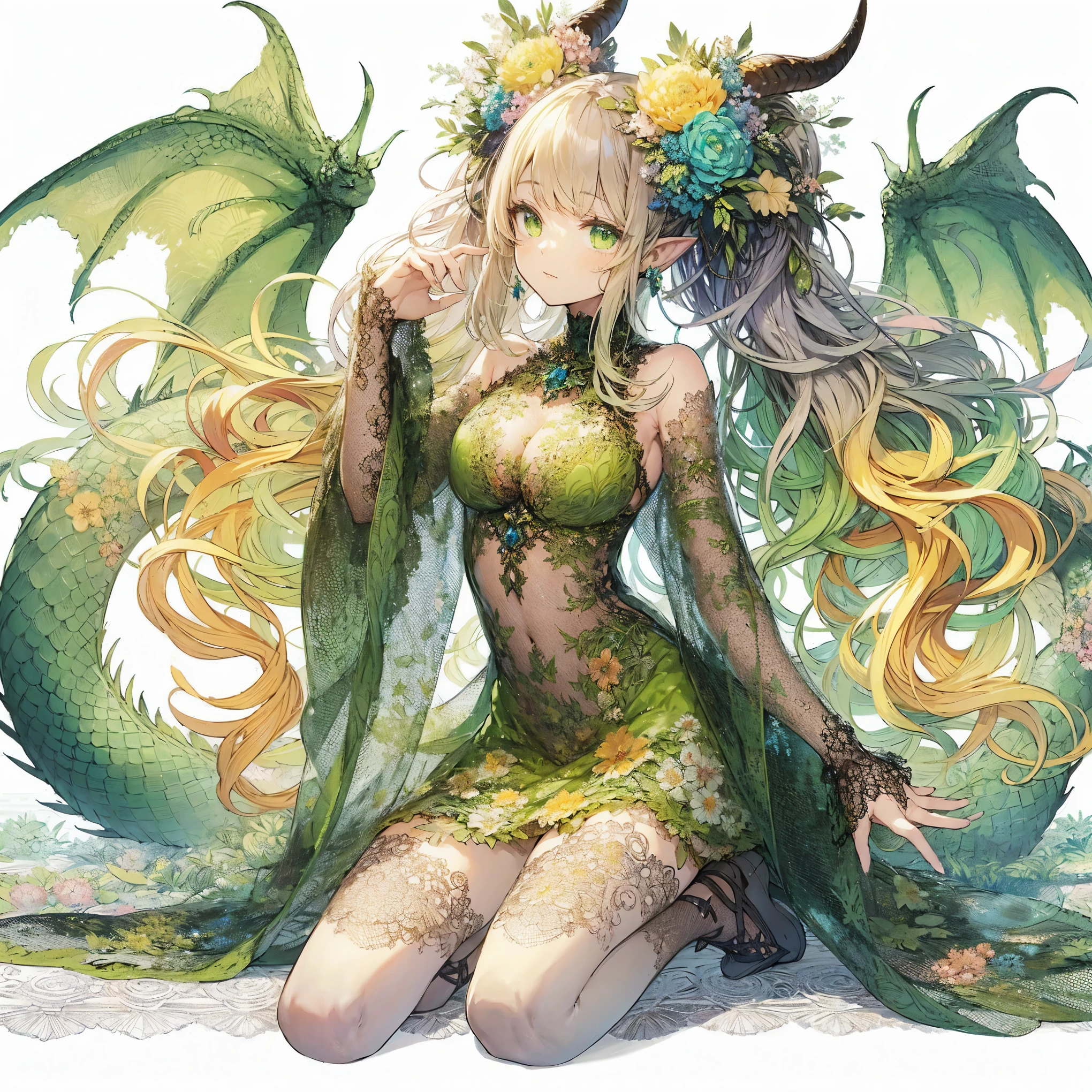 anime, a woman with a dragon's head and a green dress, dragon girl, shadowverse style, beautiful fantasy anime, yoshitakka amano karol bak, fey queen of the summer forest, anime fantasy artwork, anime fantasy illustration, anime monster girl, fantasy art style, anime goddess, trending on artstation pixiv, top rated on pixiv, detailed drawn beautiful green eyes, (detailed drawn beautiful large breast:1.3)