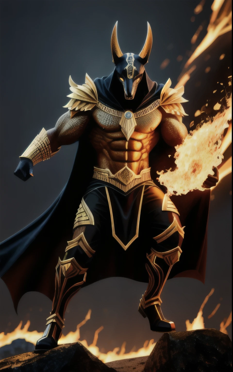 (high quality), photorealistic, (oil painting)
jewelry, (solo),
(dynamic pose), towards right, ((hell gate)), fire, hell landscape, (the underworld), (dark landscape),
anubis, egyptian jackal headed god, anthro, muscular, (holding golden scales), dynamic pose, cinematic, dramatic camera angle, golden armor:0.25, black & gold cape, (good anatomy), (good proportions), award winning, masterpiece, centered, 