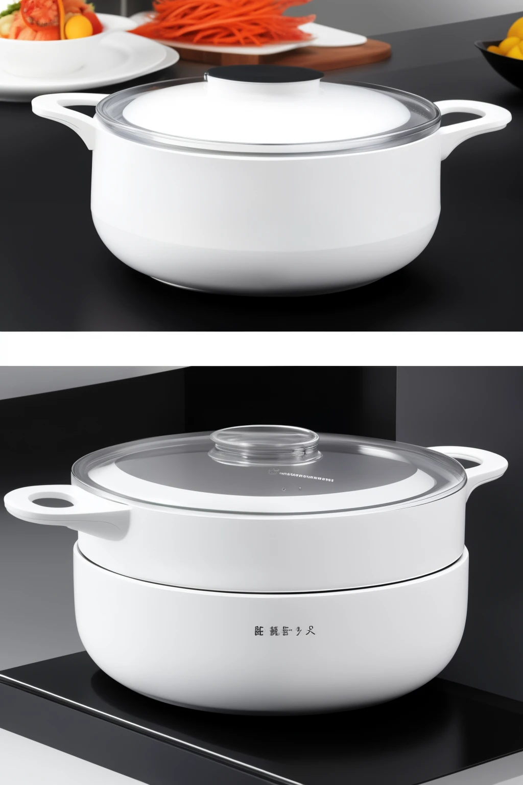 ((best quality)), ((masterpiece)), (detailed), product design，white pot japanese design，The upper layer is transparent and the lower layer is induction cooker，Collapsible，There are rotating blades inside