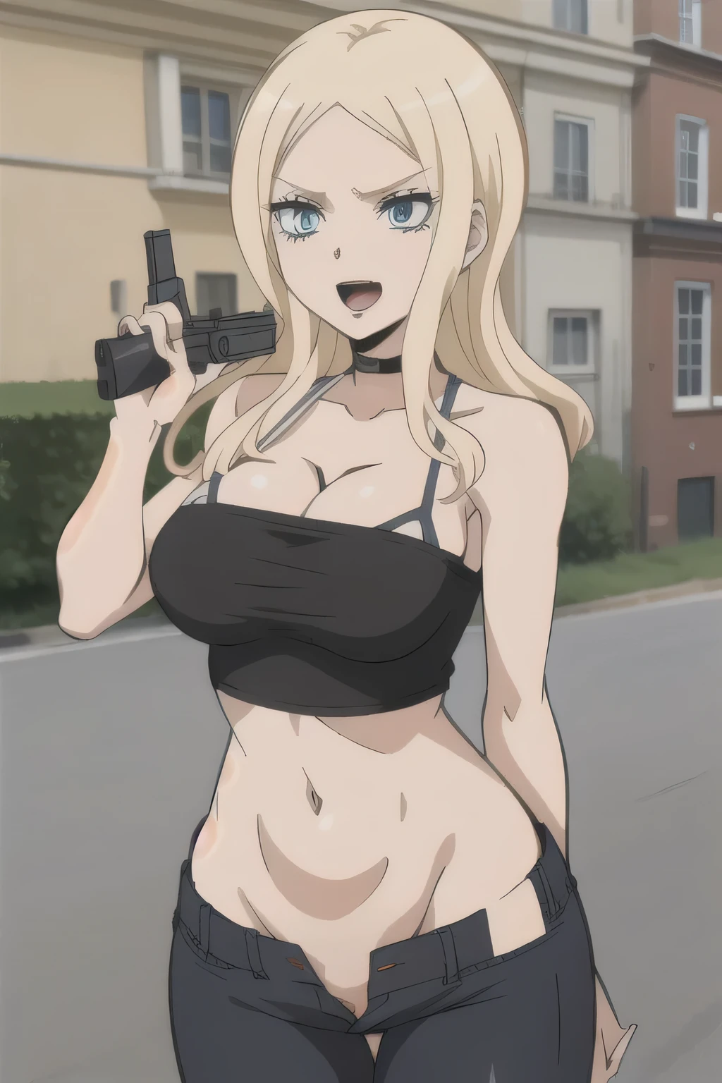 1girl, IrinaJelaviÄR4, blonde hair, blue eyes, masterpiece,high quality,4k, bare shoulder,belly,crop top,outdoor,cleavage,jeans,casual
dress,street,road,smile, open mouth, (nsfw) not safe for work, holding a gun,handgun, evil expression,
exposed belly, exposed navel, exposed midriff, exposed lower belly, crop top overhang, underboob,
unbuttoned jeans , low rise black jeans, Low rise jeans, Low rise jeans with open fly, navel piercing