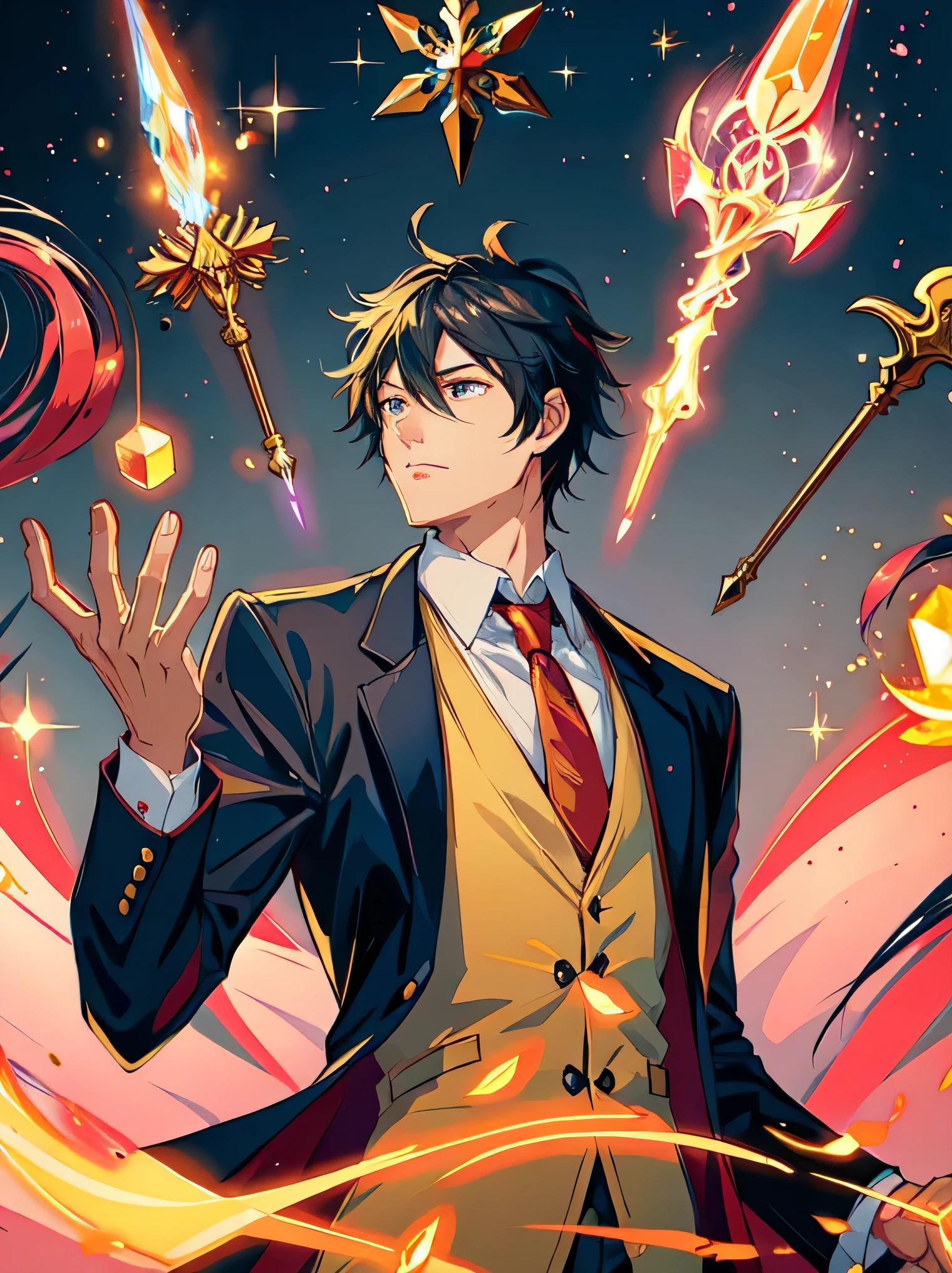 a close up of a person holding a sword and a star, key anime art, detailed key anime art, anime key visual of elegant, holding wands, profile picture 1024px, anime key art, anime cover, gold sparks, inspired by Okumura Masanobu, holding a magic staff, he is casting a lighting spell
